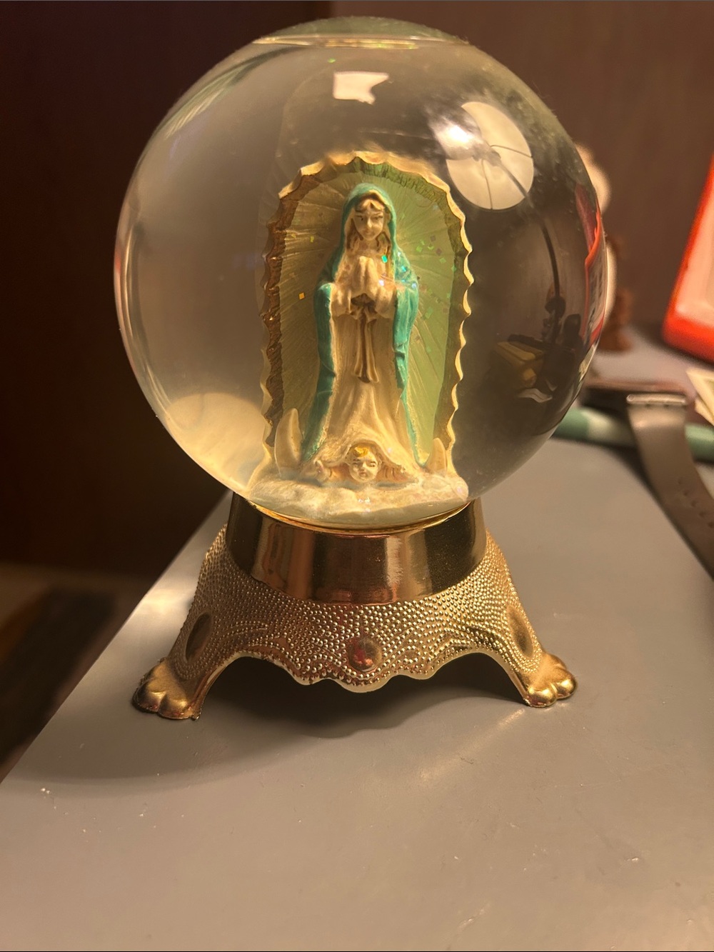 vintag Religious Glass Snow Globe with Teal and Gold Madonna Figurine